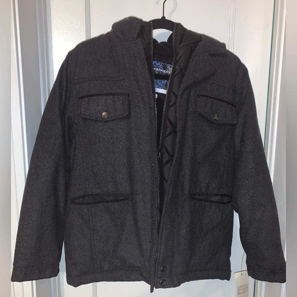 New with tags boys youth M 10/12. Hemisphere wool jacket hoodie. Dark grey.